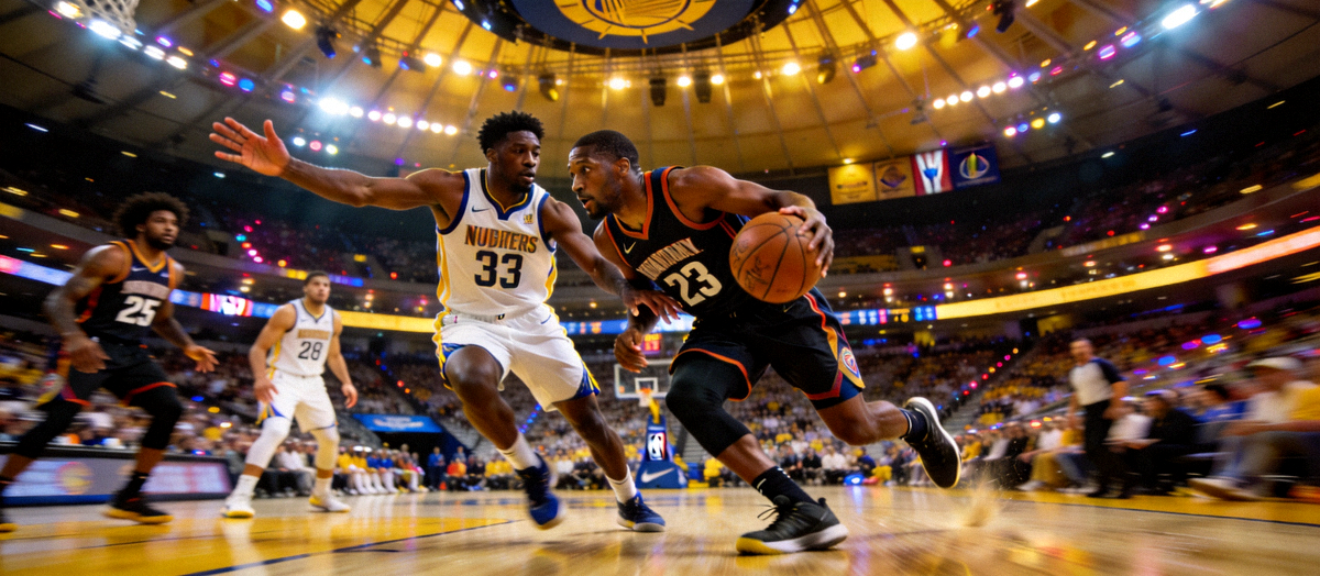 NBA篮球比赛现场两支球队激烈对抗的精彩画面，球员持球突破防守